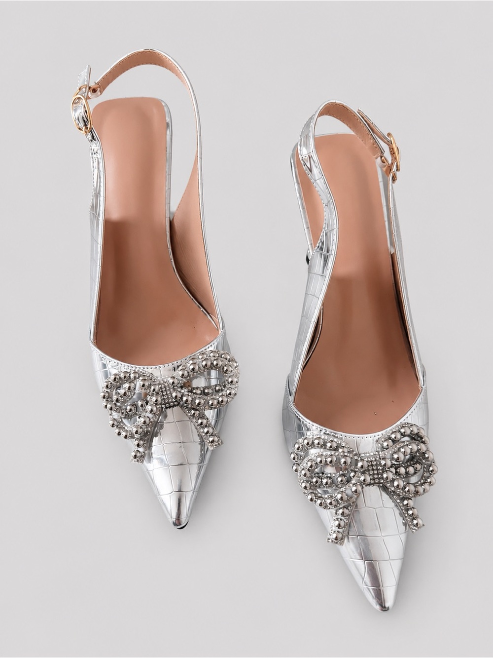 SHEIN Silver Croc-Embossed Pointed Slingback Heels with Beaded Bow Size US 9.5